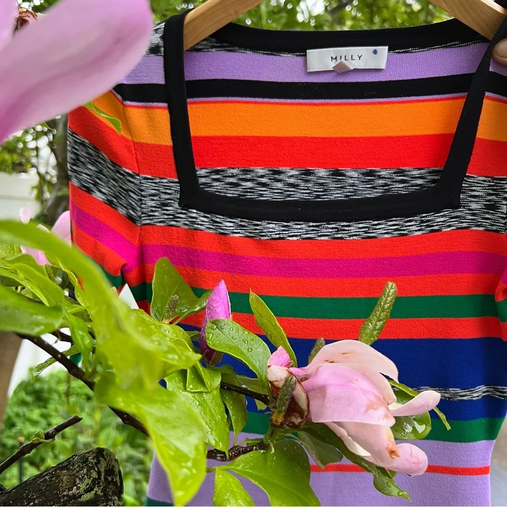 MILLY Rainbow Stripe Square Neck Knit Top ASO Ali Fisher Preppy Academia Sporty - Picture 7 of 17